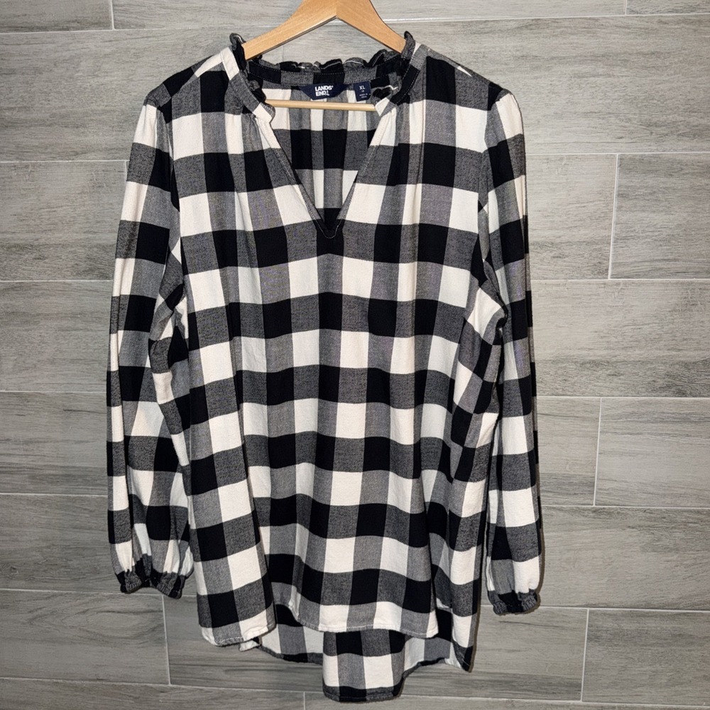 Lands' End Black White Buffalo Plaid Ruffle V-Neck Blouse Woman's XL Top